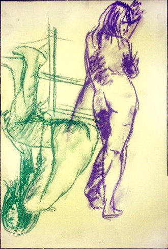 WOMAN IN 2 POSES WITH PURPLE%7CGREEN Artistic Nude Artwork by Artist MUSEUMOFDRAWING